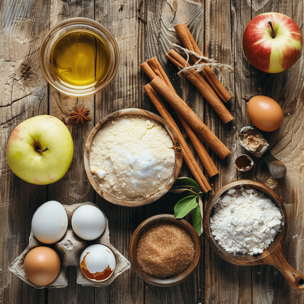 Applesauce Cake Ingredients Flat lay of ingredients used to make applesauce cake