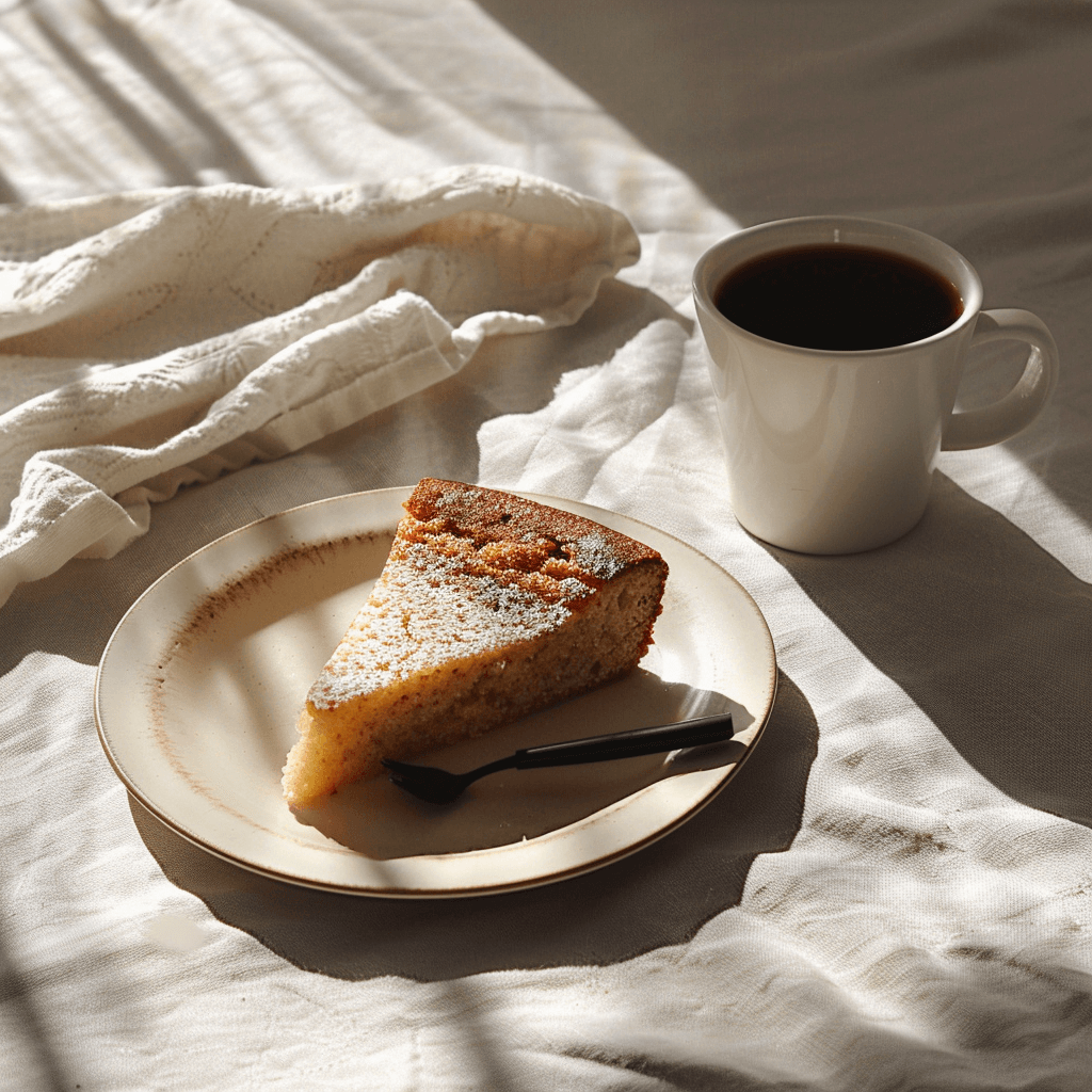 Applesauce Cake with Coffee A slice of applesauce cake served with coffee on a table