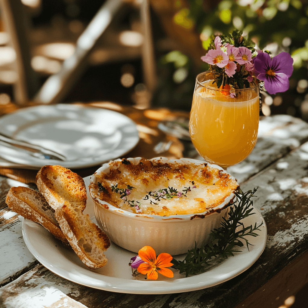 Serving Crab Brûlée Plated crab brûlée with juice and toast, ready to serve