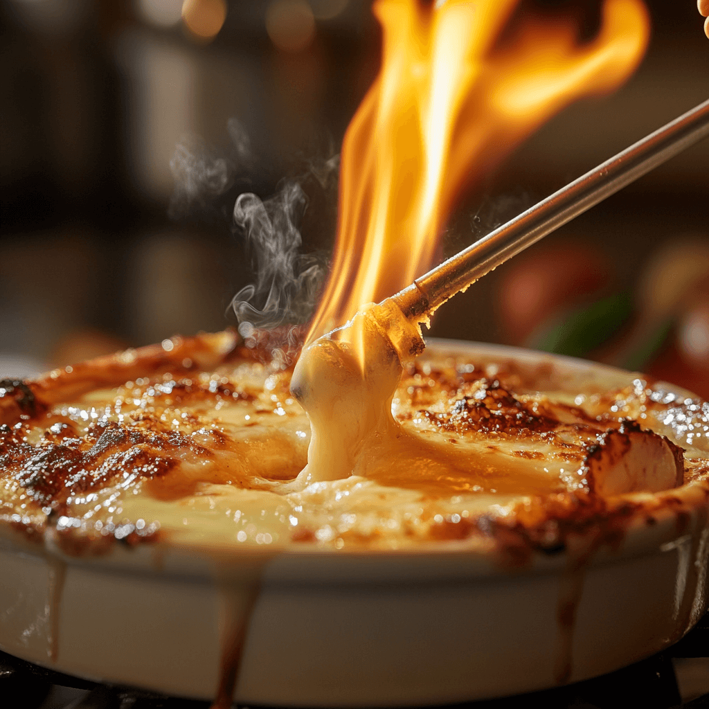 Torching the Crab Brûlée Topping Torching crab brûlée topping to create a caramelized crust