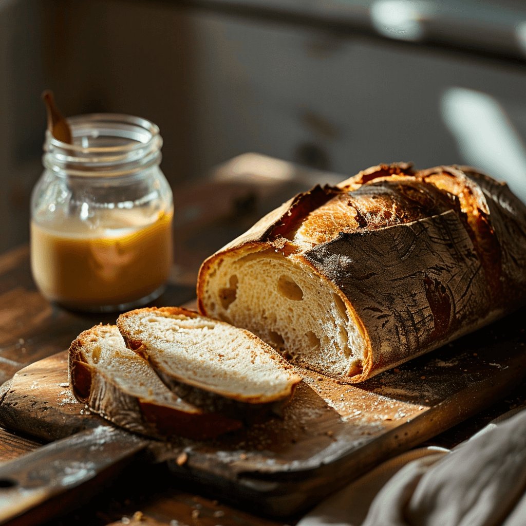 benefits-of-sourdough-toast Fresh sourdough loaf sliced on a wooden board beside sourdough starter