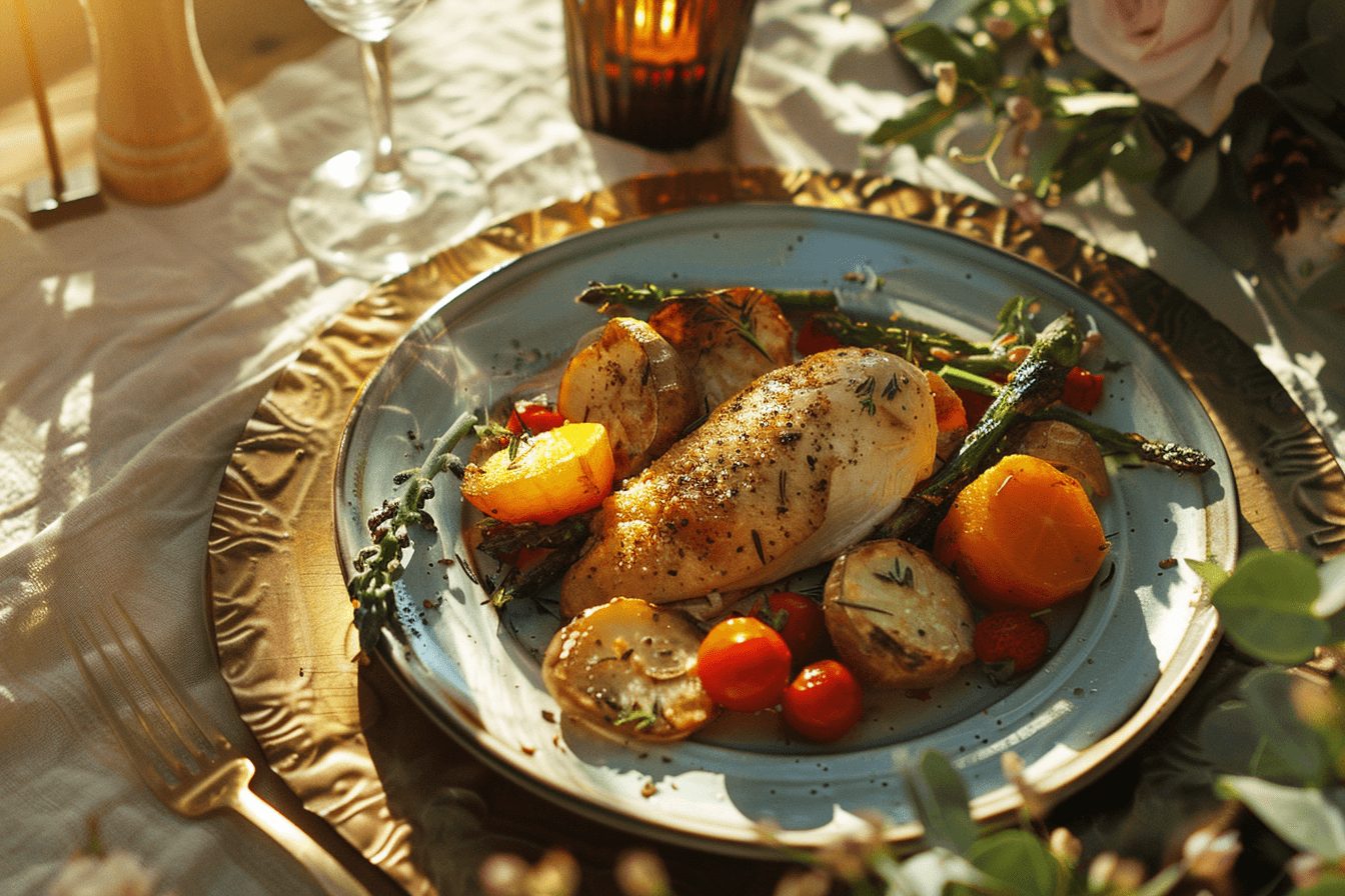 Feminine dinner plate featuring grilled salmon, asparagus, and couscous with soft golden lighting