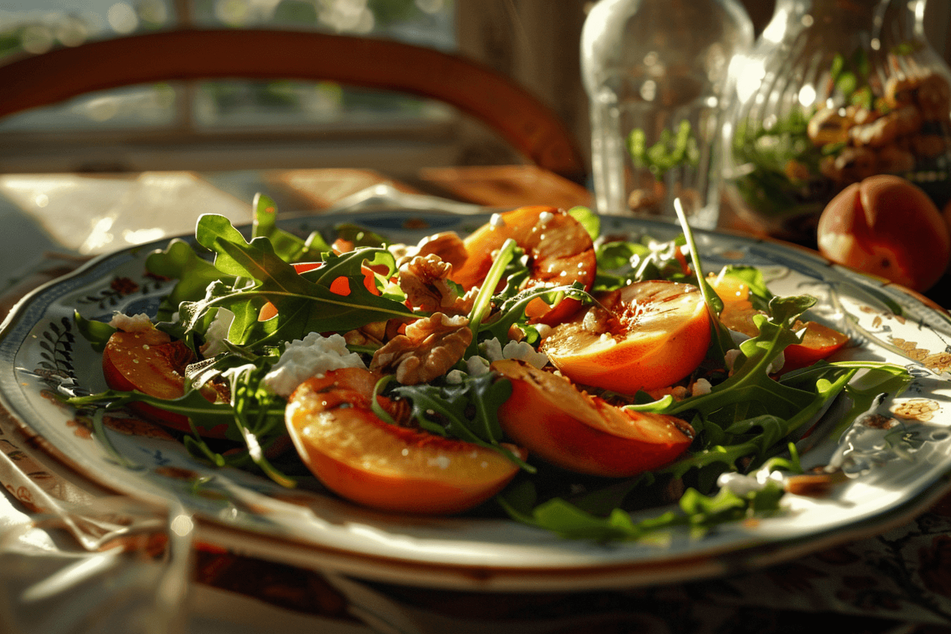 Feminine salad bowl with grilled peaches, arugula, goat cheese, and walnuts