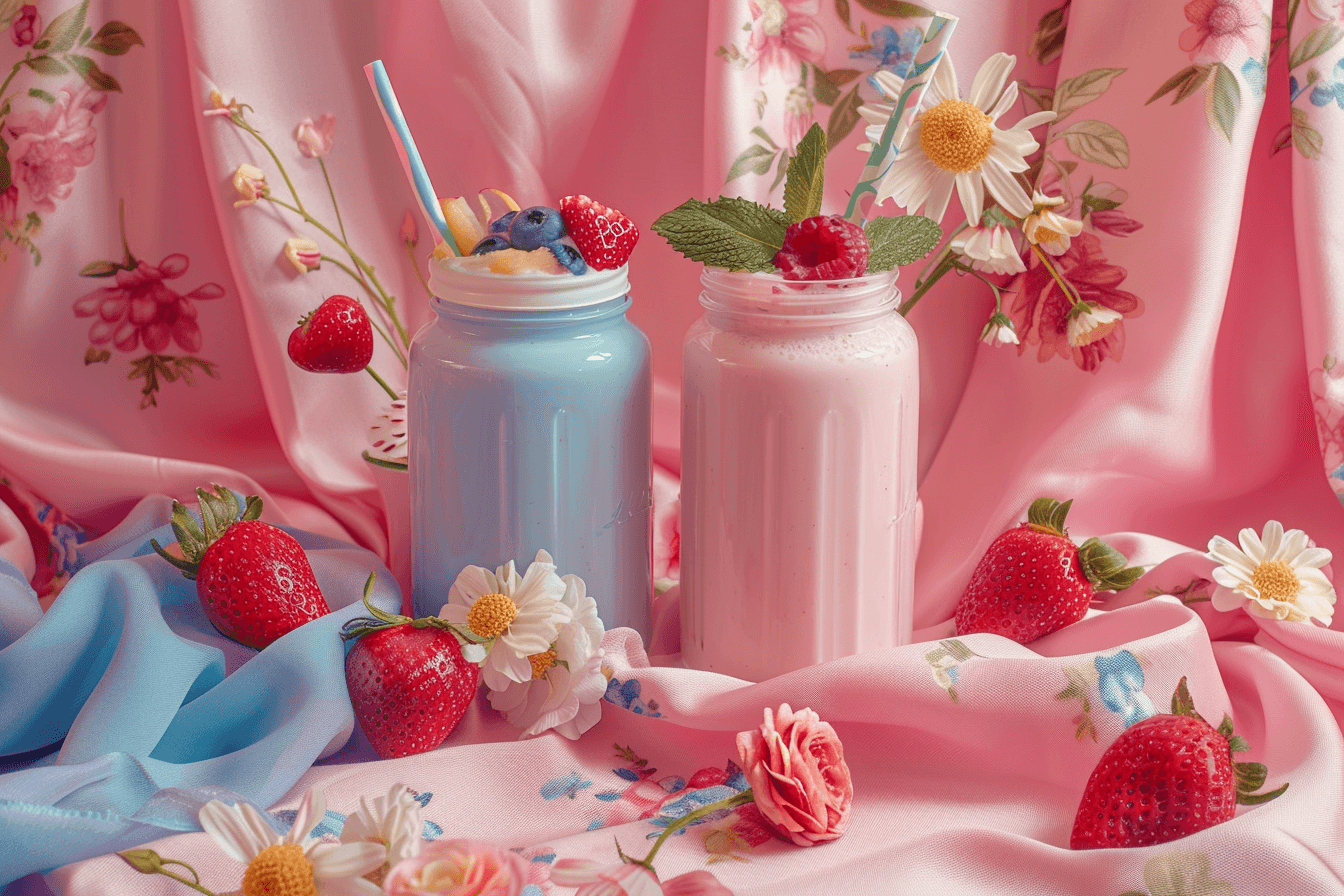 Feminine drinks including lavender lemonade, cucumber water, and pink smoothie in mason jars
