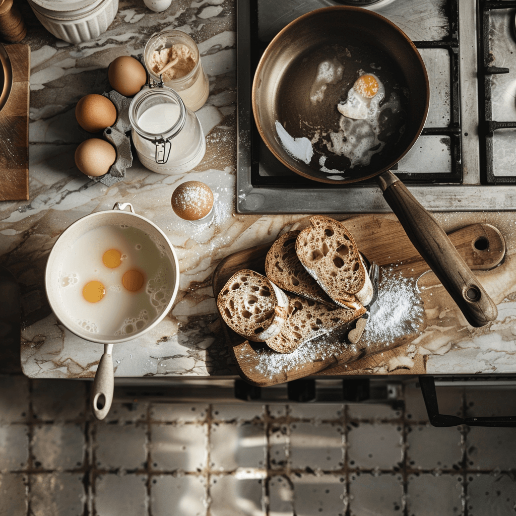 sourdough-toast-recipe-prep Step-by-step preparation of sourdough toast French toast with eggs and bread on kitchen counter