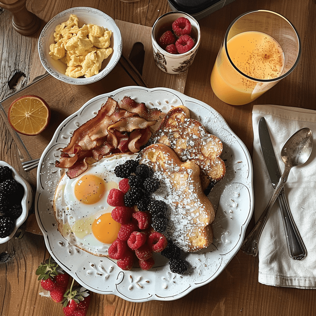 sourdough-toast-serving-suggestions Brunch table with sourdough French toast, eggs, bacon, and orange juice